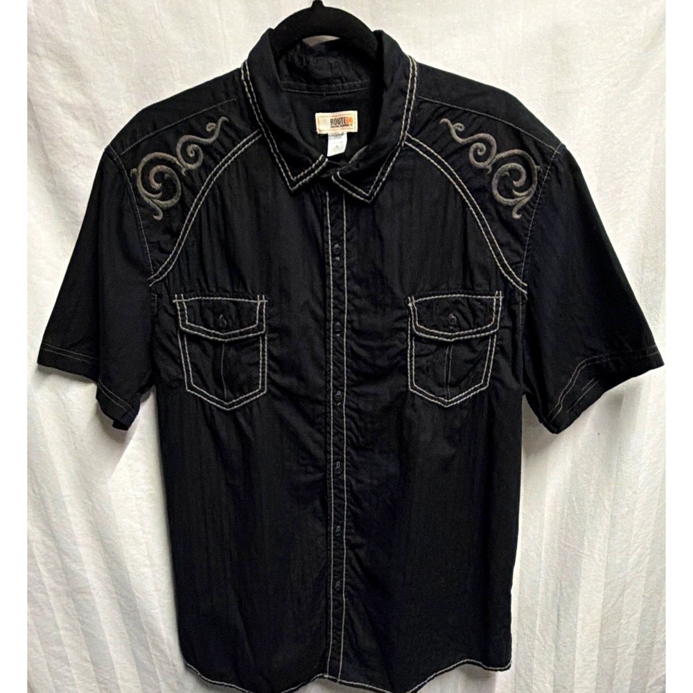 Y2K Route 66 Men XL Black Embroidered SS Button-Up Shirt Pockets Cotton Western